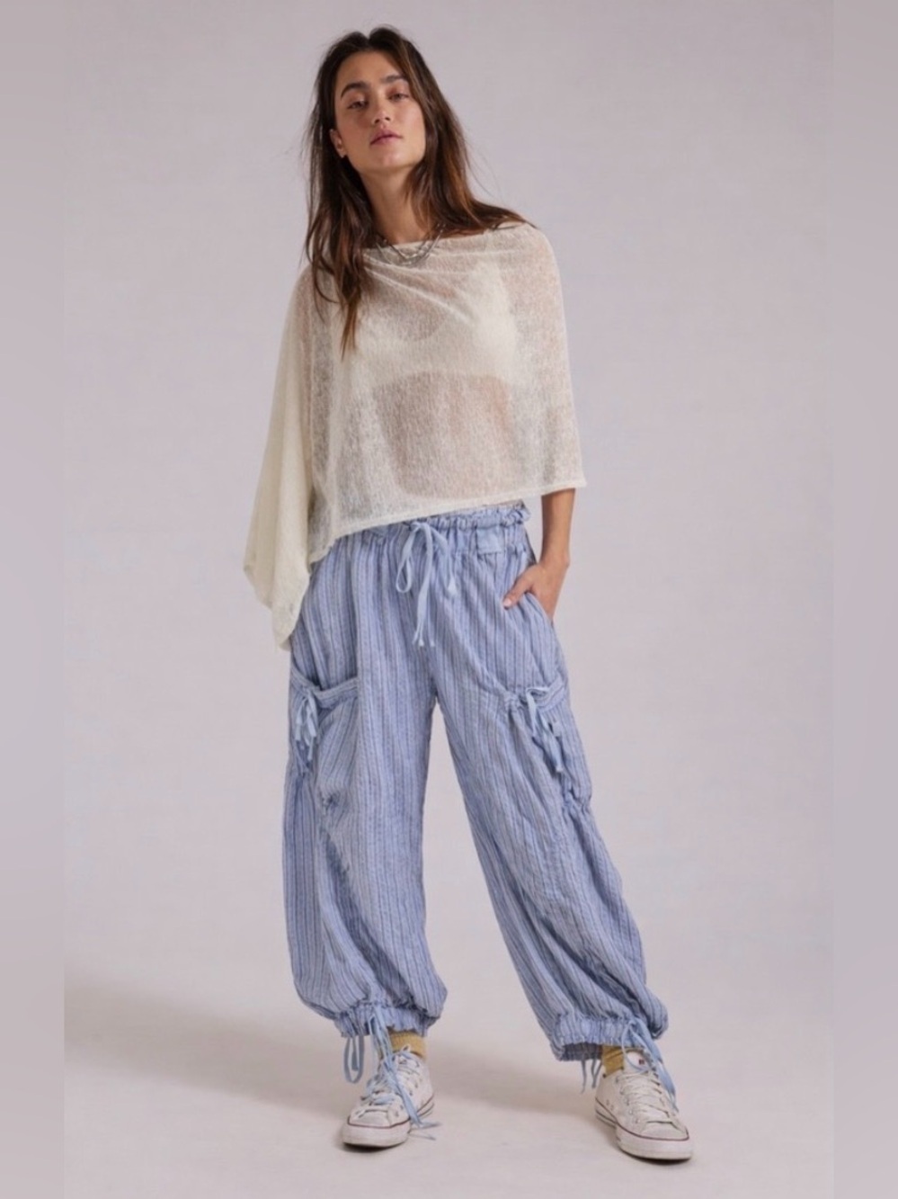 Blue Velvet Breana White Blue Striped Balloon Cargo Pants Boho Coastal Parachute - Picture 1 of 12